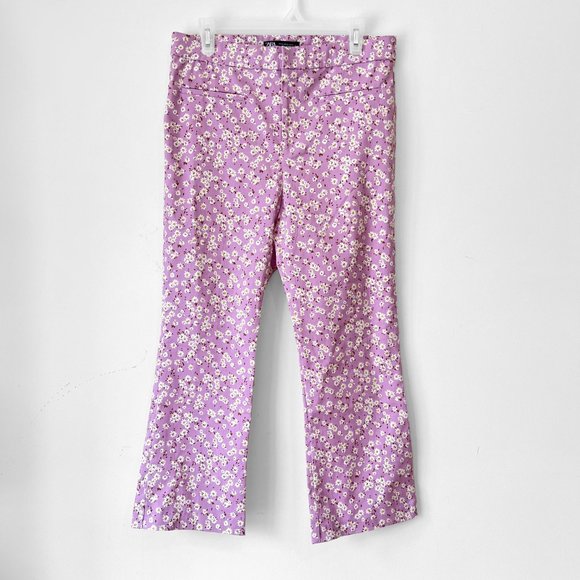 NEW! Blogger Fave Zara High Waisted Lilac Floral Flare Cropped Pants- Size M - Picture 6 of 11